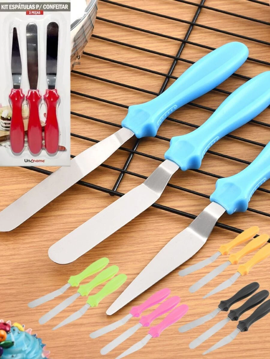 Kit 3 Peças Espátula de Confeitar e Decorar Bolos Confeitaria - Multicolorido - Visão 1