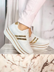 MUJER ZAPATILLAS DEPORTIVAS CON CORDONES TENIS DE PLATAFORMA BLANCOS RAYAS ORO ROSA - Blanco - Ver 4