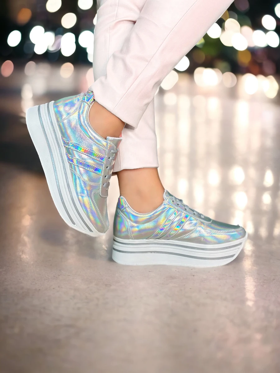 MUJER ZAPATILLAS DEPORTIVAS DE COLOR PLATA TORNASOL CON CORDONES TENIS DE PLATAFORMA PARA FIESTA GRADUACION PLATEADOS HOLOGRAFICOS - Plateado - Ver 1