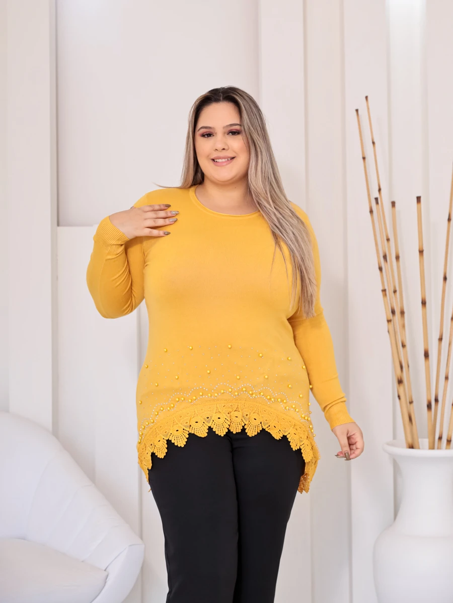 Plus Size Knit Tops - 黃色 - 查看 1