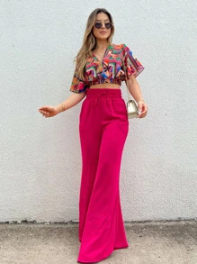 Women Pants - 玫紅色 - 查看 2