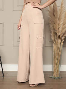 Calça Cargo Feminina Tecido Alfaiataria Boca Larga Street Wear Social