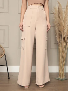 Calça Cargo Feminina Tecido Alfaiataria Boca Larga Street Wear Social