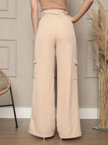 Calça Cargo Feminina Tecido Alfaiataria Boca Larga Street Wear Social
