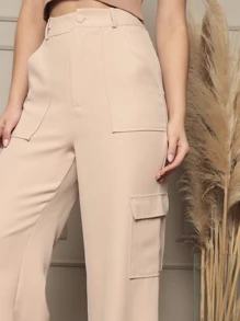 Calça Cargo Feminina Tecido Alfaiataria Boca Larga Street Wear Social