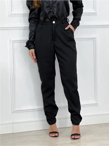 Calça Feminina de Alfaiataria Elegante Cintura Alta e Bolso Faca