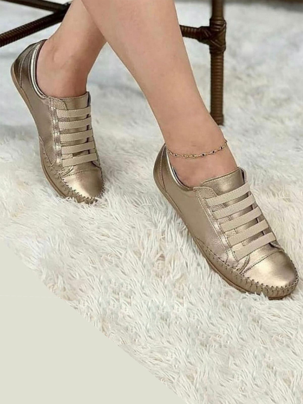 Sapatênis Feminino Casual de Couro Legítimo Metalizado Ouro Velho