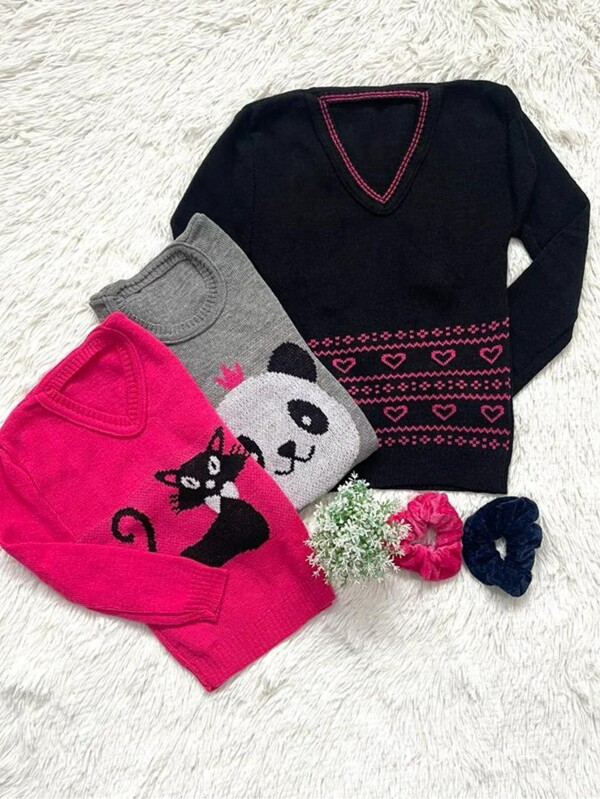 Kit com 3 blusa de moletom flanelado infantil para menina blusa de frio tricot de criança