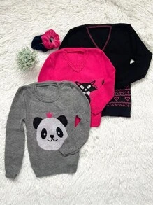 Kit com 3 blusa de moletom flanelado infantil para menina blusa de frio tricot de criança