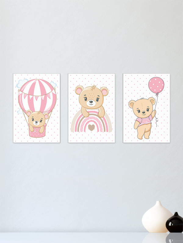 Kit 3 Quadros Decorativos Ursinho Balão Infantil Quarto Menina Bebe Placas Decorativas - 0114ktpl