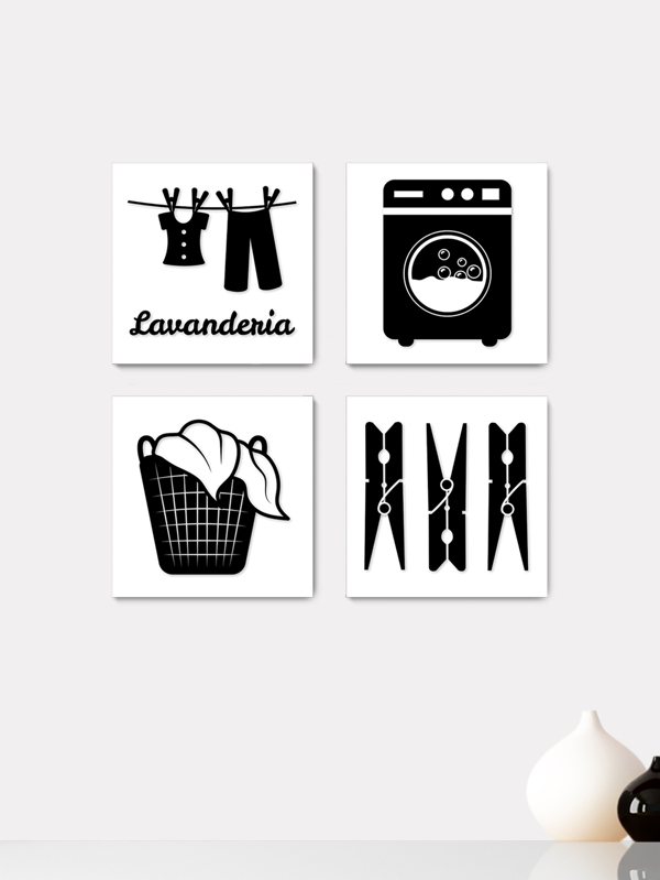 Kit 4 Quadros Decorativos Lavanderia Área de Serviço Casa Quarto Sala Placas - 0002ktpl4