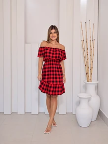 Vestido Curto de Ombro a Ombro Com Elastic na Cintura Xadrez Festa junina