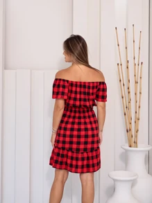 Vestido Curto de Ombro a Ombro Com Elastic na Cintura Xadrez Festa junina