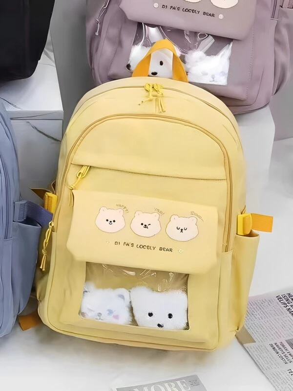 Baila Morena Mochila escolar feminina tecido resistente à água múltiplas divisórias capacidade grande alça ajustável chaveiro decorativo desenho ursinho
