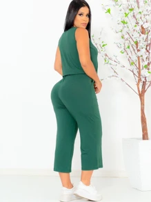 Conjunto Regata Calca Pantacourt Acinturato Elegante Estiloso Pantalona Midi Viscolycra Max Saruel Feminino Bolsos Laterais