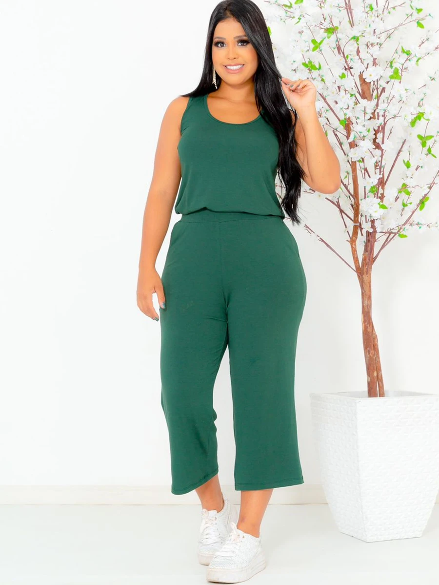 Conjunto Regata Calca Pantacourt Acinturato Elegante Estiloso Pantalona Midi Viscolycra Max Saruel Feminino Bolsos Laterais