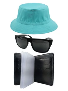 Kit Com Chapéu Bucket, Óculos de Sol Retangular Com Proteção Uv400 Masculino Armação Fosca Efeito Emborrachado Com Detalhes MD-37 E Carteira Porta Documentos De Carro, Moto, Rg, CNH E Cartões