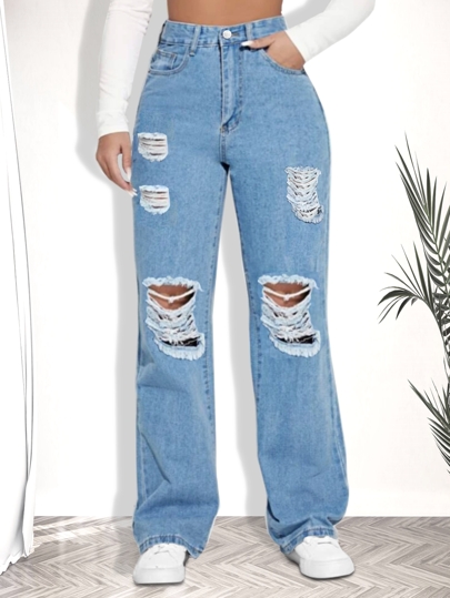 Calça Jeans  Feminina Premium Wide Leg / Com Rasgos Destroyed/  perna larga /cintura alta /jeans pantalona/ despojado/ com bolso