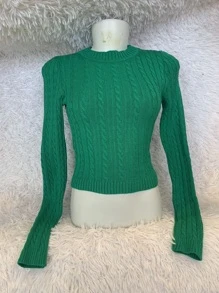 Blusa Tricot modal  Feminina Cropped Trança Tricô Manga Longa - Verde - Visão 2