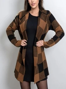 Jaqueta de tricô xadrez xadrez moda feminina