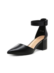 Women's Pointed Toe Low Chunky Heels Pump Elegant Ankle Strap Solid Color Formal Wedding Shoes - 黑色 - 查看 2