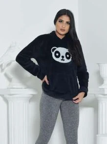 Blusa Feminina De Frio Panda Moletom Com Capuz Pelúcia