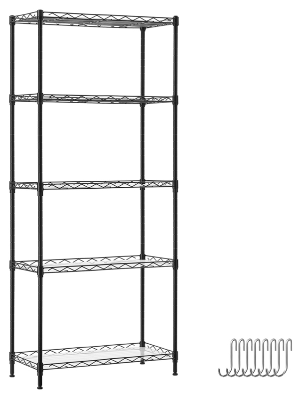 SONGMICS Kitchen Metal Shelves, 5Tier Wire Shelving Unit with 8 Hooks