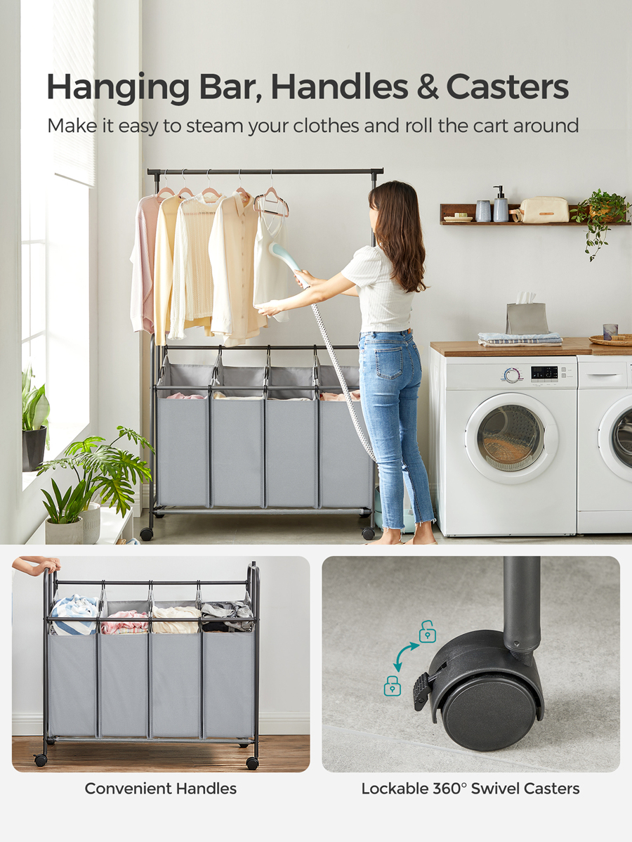 SONGMICS 4Section Laundry Sorter, Rolling Laundry Cart with Hanging
