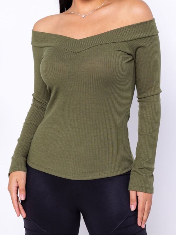 Blusa Manga Longa Ombro a Ombro Tecido Canelado Transpassada - Blusinha Casual