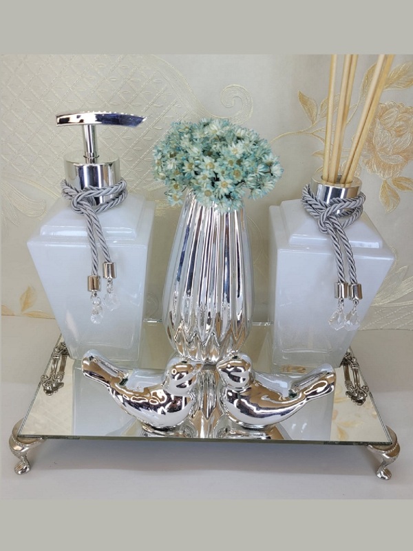 Kit Lavabo Banheiro Luxo 6 Peças Difusor Sabonete Bandeja