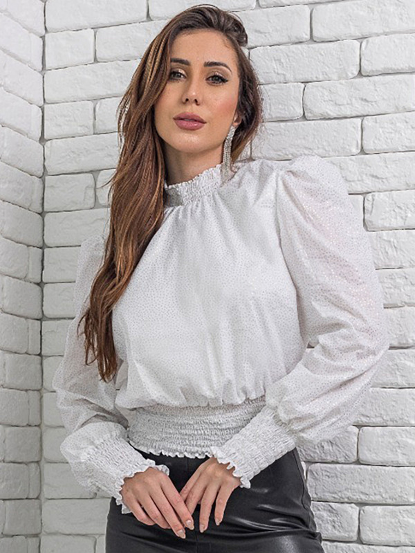 Blusa Feminina Delicada Manga Longa Gola Alta Lastex