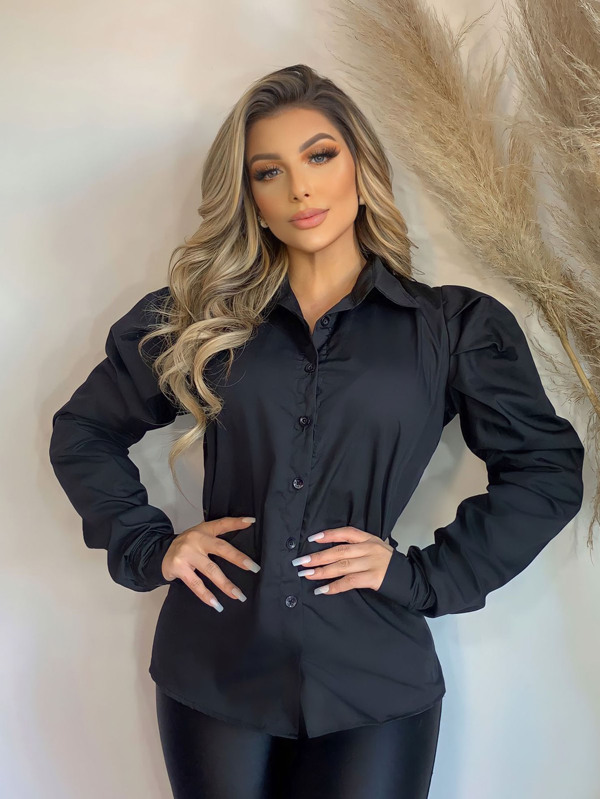 Camisa Feminina Manga Longa Princesa Preta Trabalho / Formal