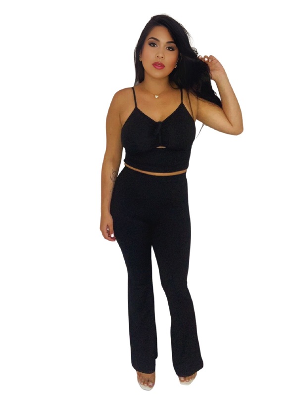 Conjunto Feminino Calça Flare e Cropped de alça Canelado