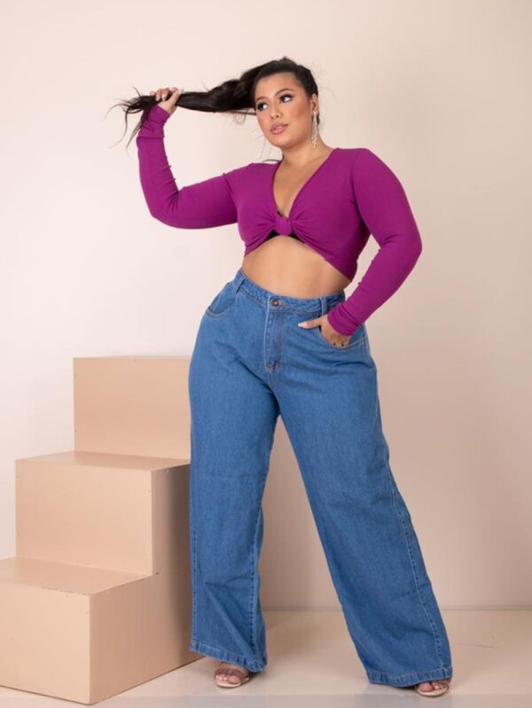 Calça Jeans Escura Cintura Alta Plus Size Pantalona Larguinha