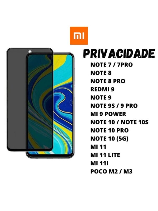 Película De Vidro 3D Privacidade Anti Spy Para Note 7/8/9s/9 pro/10/10A/10C/11/9A/9C/9T/Poco X3/F3
