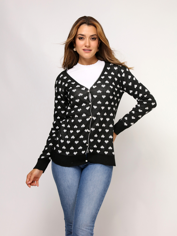 Blusa feminina casaco blusa de tricot estanpa de corasção com botão