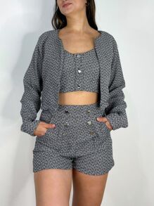 Top Cropped Alfaiataria Feminino Alfaiataria Alças Grossas e Botões Metalizados Tecido Grosso Casual Chic Outono Inverno