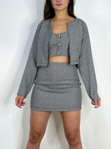 Casaco Terninho Blazer Tweed Alfaiataria Cropped Médio Chic Aberto Curto Quentinho Outono Inverno Trabalho Casual Elegante