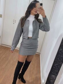 Casaco Terninho Blazer Tweed Alfaiataria Cropped Médio Chic Aberto Curto Quentinho Outono Inverno Trabalho Casual Elegante