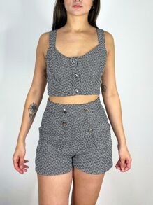 Top Cropped Alfaiataria Feminino Alfaiataria Alças Grossas e Botões Metalizados Tecido Grosso Casual Chic Outono Inverno