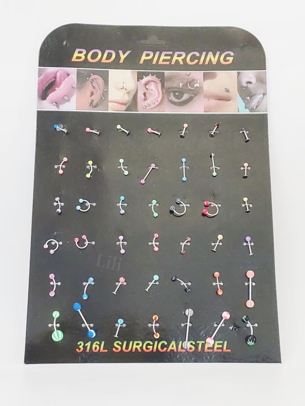 cartela 42 piercing modelos variados aço inox cor prata