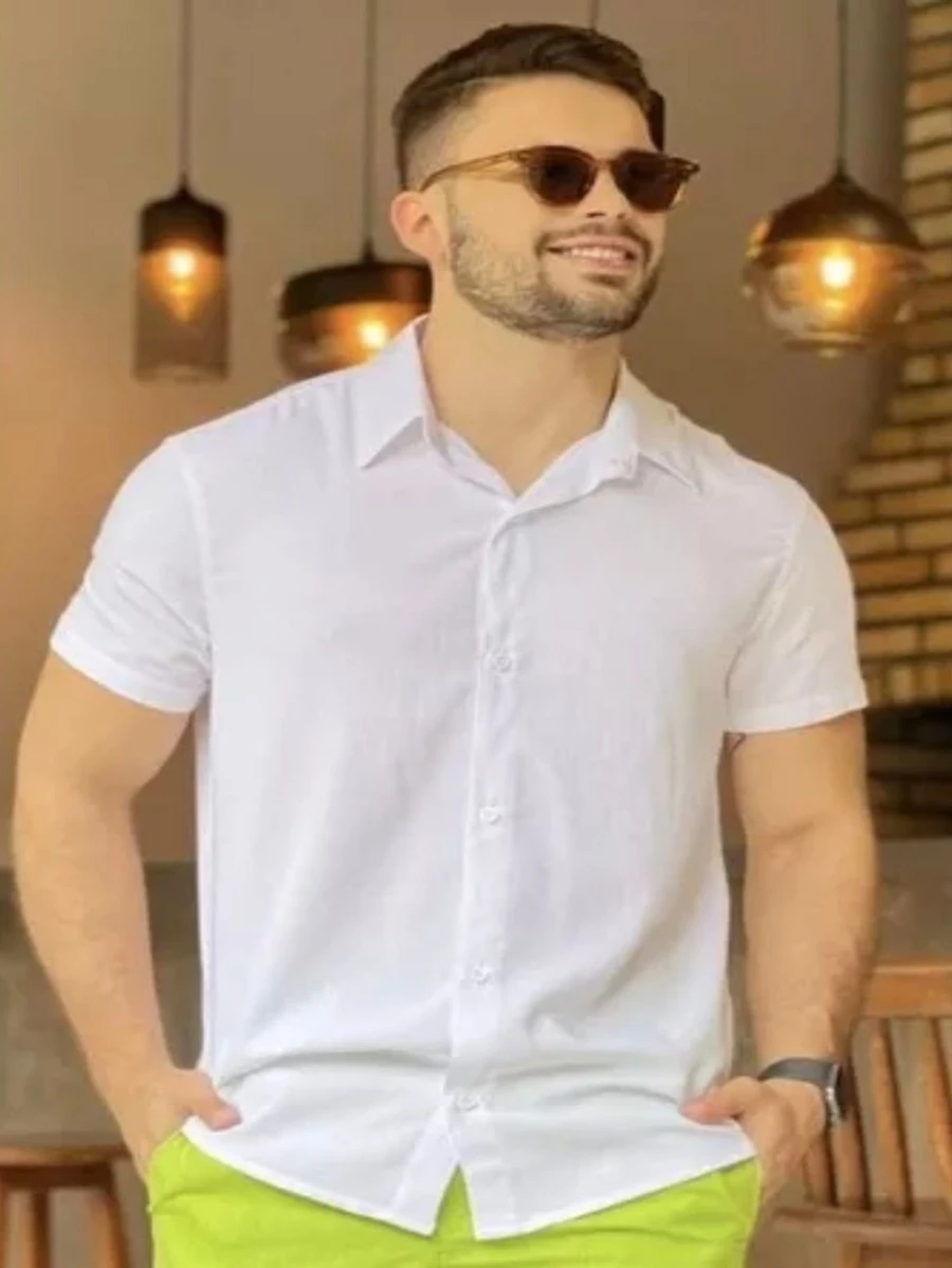 Camisa Masculina Manga curta Praia Social Slim Havaiana Barata Tecido e Viscose