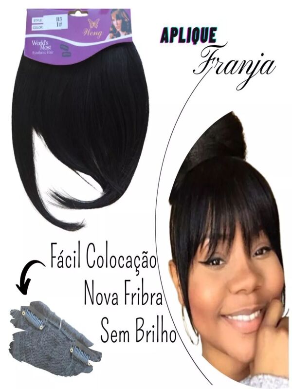 Aplique Franja 100% Cabelo Fibra Orgânica Idêntica ao Humano Lisa ( Preto)