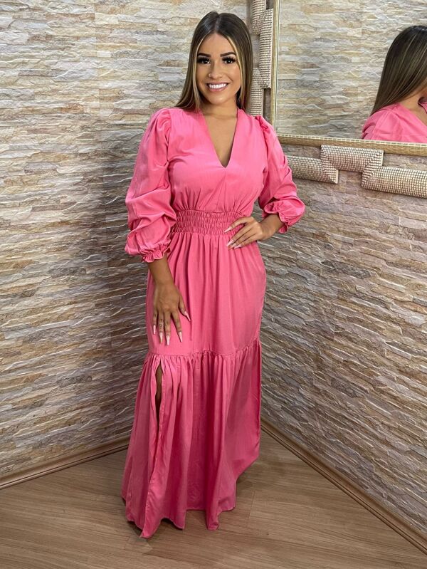 Vestido longo viscolinho com fenda manga comprida moda feminina