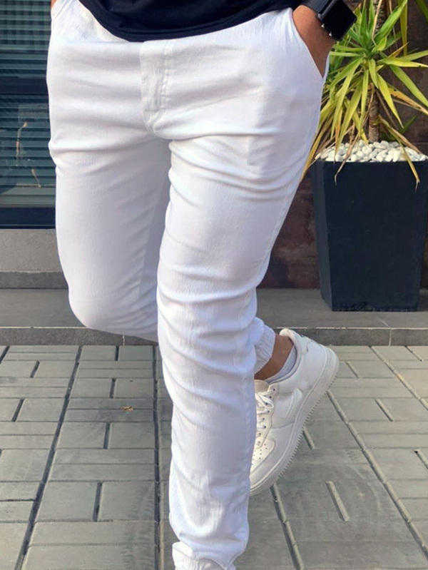 Calça Jogger Sarja Branco Masculina Slim Fit com Elastano