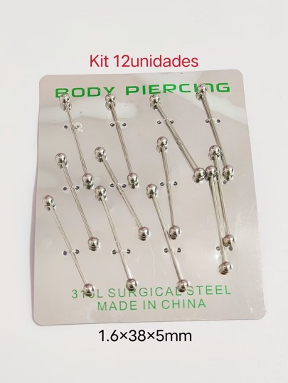 Kit 12 piercing transversal bolinha unissex 1.6×38×5mm em Aço cirúrgico