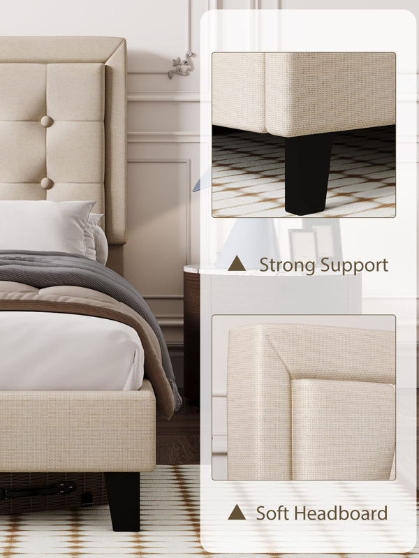 Full Size Bed Frame Upholstered Platform Bed with Button Tufted Headboard, Heavy Duty Metal