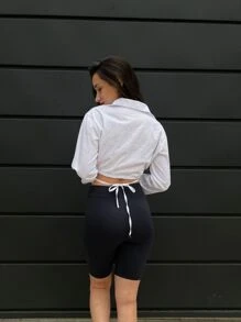 Camisa Feminina Branca  Alfaiataria 100% Algodão Cropped Fresquinha Leve Curta Top Manga Longa Amarração Blusa Casual Chique Social Outono Inverno Primavera Verão Moda Gringa Aesthetic Old Money