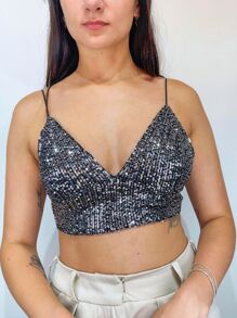 Top Cropped Paetê Lantejoula Brilho Alça Fina Alcinha Look Festa Chic Forrado Alcinha Balada Noite Elegante Old Money Look Fantasia Carnaval
