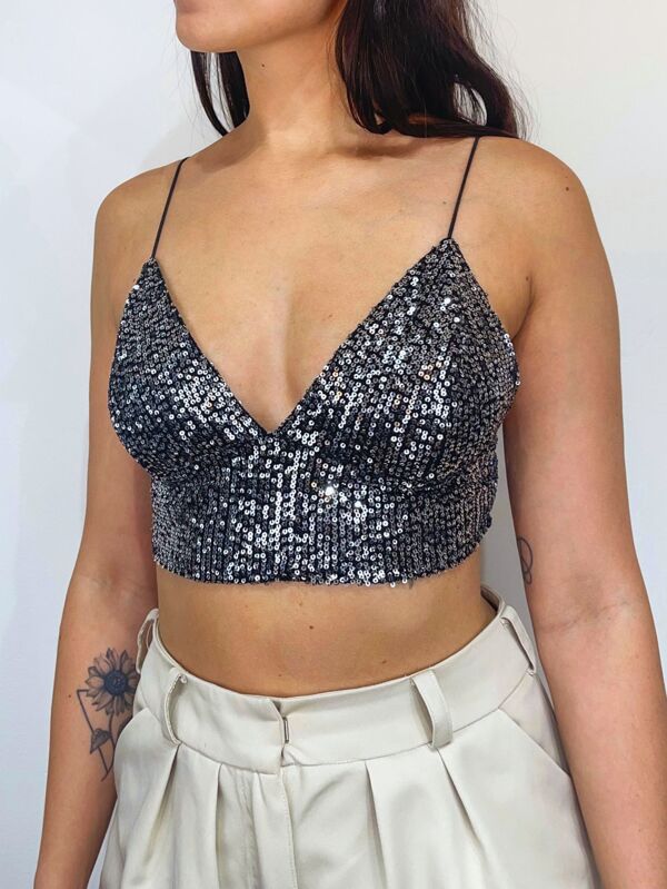Top Cropped Paetê Lantejoula Brilho Alça Fina Alcinha Look Festa Chic Forrado Alcinha Balada Noite Elegante Old Money Look Fantasia Carnaval